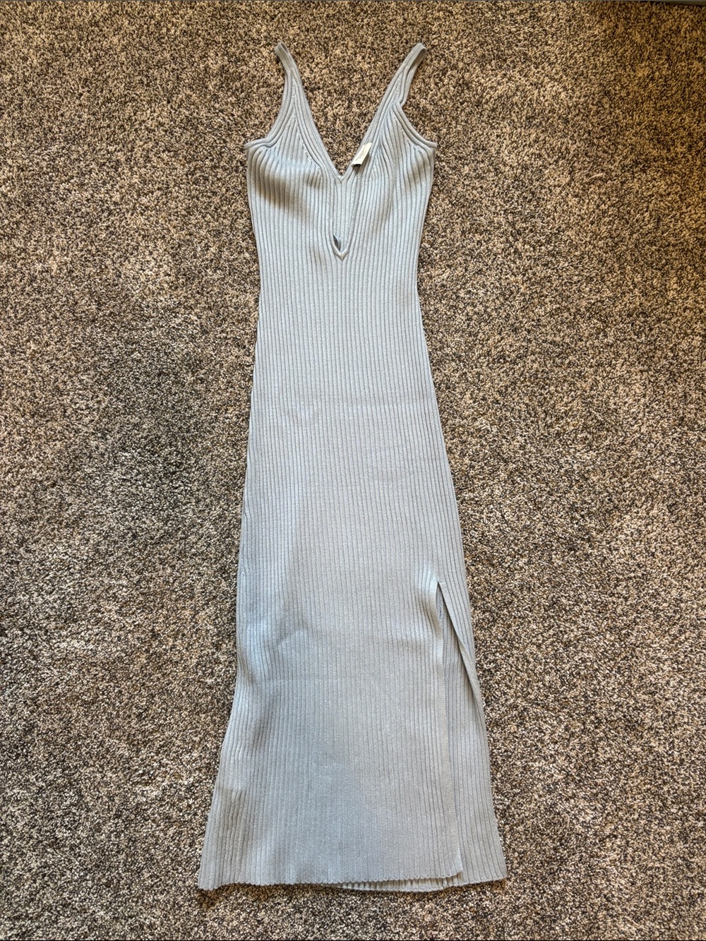 Ribbed V-Neck Midi Slip Dress in Light Blue